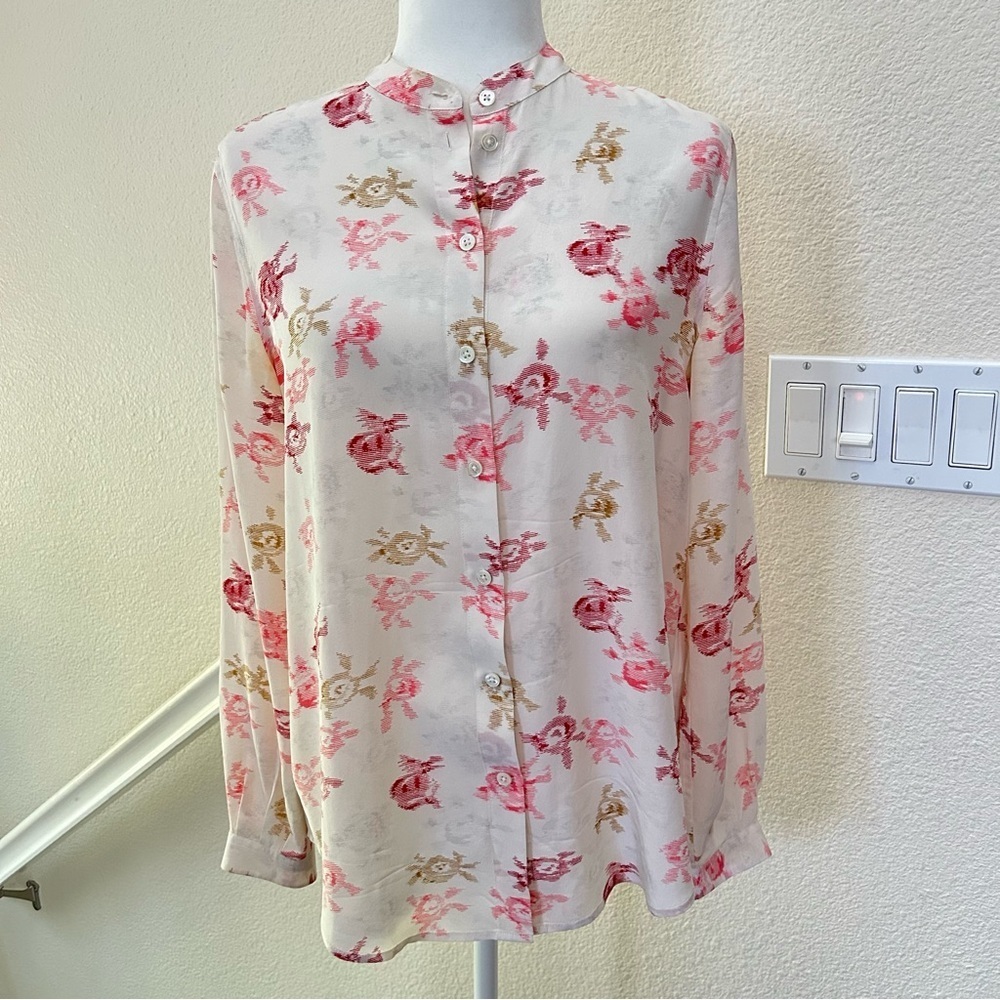 Equipment Silk Blouse Floral Print Mandarin Collar Sz Xs White N Pink Excellent